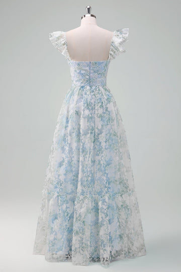 Vestido de fiesta largo con mangas cortas con estampado de flores azul claro